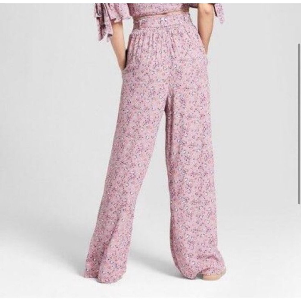 Wide Leg High Waist Floral Pan Mauve Multi Flat Front Elastic Pockets Size XL - Picture 2 of 9